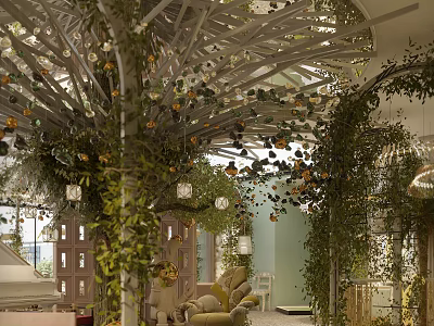 Lush Greenery Decorated Hotel Public Lounge With Cozy Sofas And Pendant Lights 3d model