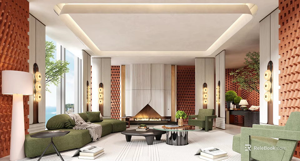 Modern Living Room Interior With Green Sofa Fireplace Large Windows Coffee Tables And Plants 3d model 