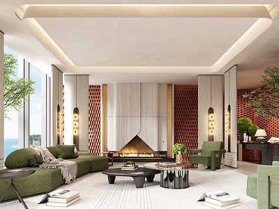 Modern Living Room Interior With Green Sofa Fireplace Large Windows Coffee Tables And Plants 3d model