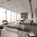 Elegant Modern Office Interior With Large Windows White Leather Sofa Red Armchair And Bookshelf