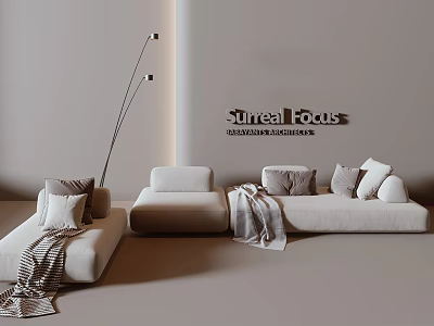 Ultra Modern Multi Seat Sofa With Pillows Blanket And Floor Lamp In Minimalist Room 3d model