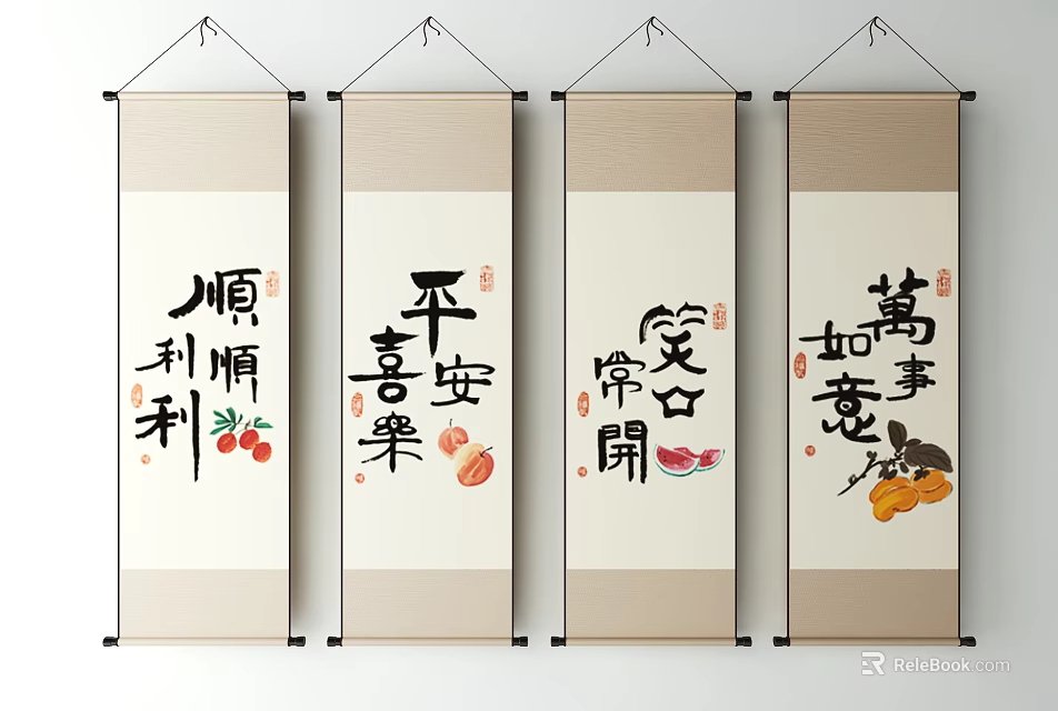 Traditional Chinese Calligraphy Scrolls With Auspicious Phrases And Decorative Wall Hangings 3d model 