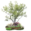 Decorative Flower Planter with Green Tree Purple White Flowers and Wooden Log