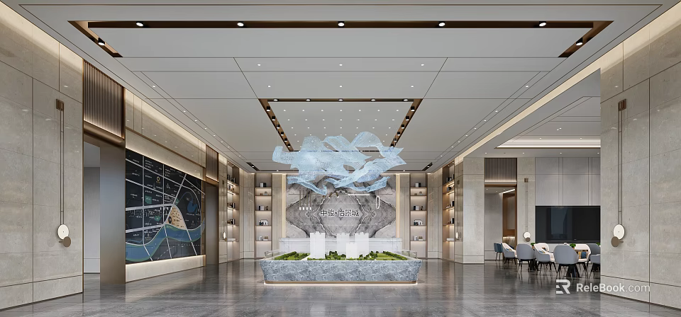 Modern Luxury Real Estate Sales Office Interior With Artistic Floating Chandelier And Project Sand Table 3d model 