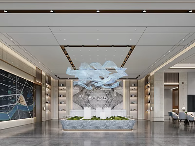 Modern Luxury Real Estate Sales Office Interior With Artistic Floating Chandelier And Project Sand Table 3d model
