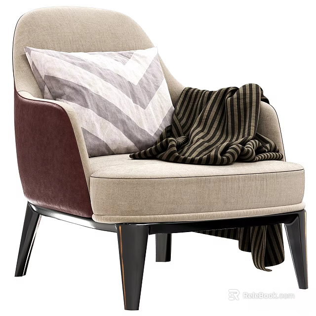 Accent Chair With Chevron Pillow And Striped Throw Blanket Burgundy Armrests Beige Seat Black Legs 3d model 