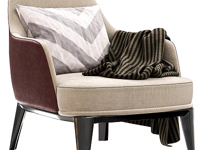 Accent Chair With Chevron Pillow And Striped Throw Blanket Burgundy Armrests Beige Seat Black Legs 3d model