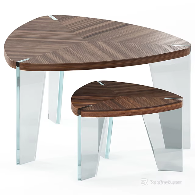 Nesting Coffee Tables With Walnut Herringbone Wood Top And Clear Glass Legs 3d model 