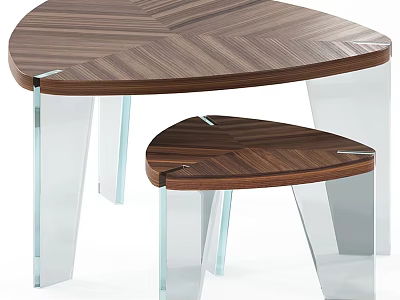Nesting Coffee Tables With Walnut Herringbone Wood Top And Clear Glass Legs 3d model