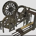 Vintage Woodworking Equipment with Large Wheels Gears Sawing Mechanism and Wooden Log on Tracks