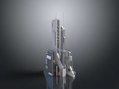 Futuristic 3D Metallic Structure Model Featuring Multi Layered Geometric Shapes And Antennas 3d model
