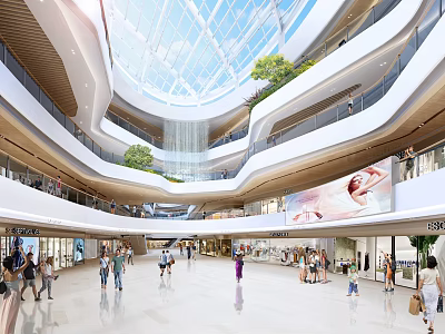 Spacious Modern Department Store Interior With Glass Dome Ceiling Multiple Floors And Green Plants 3d model