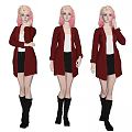 Three Women with Pink Hair Red Coats White Tops Black Skirts Black Boots Different Poses