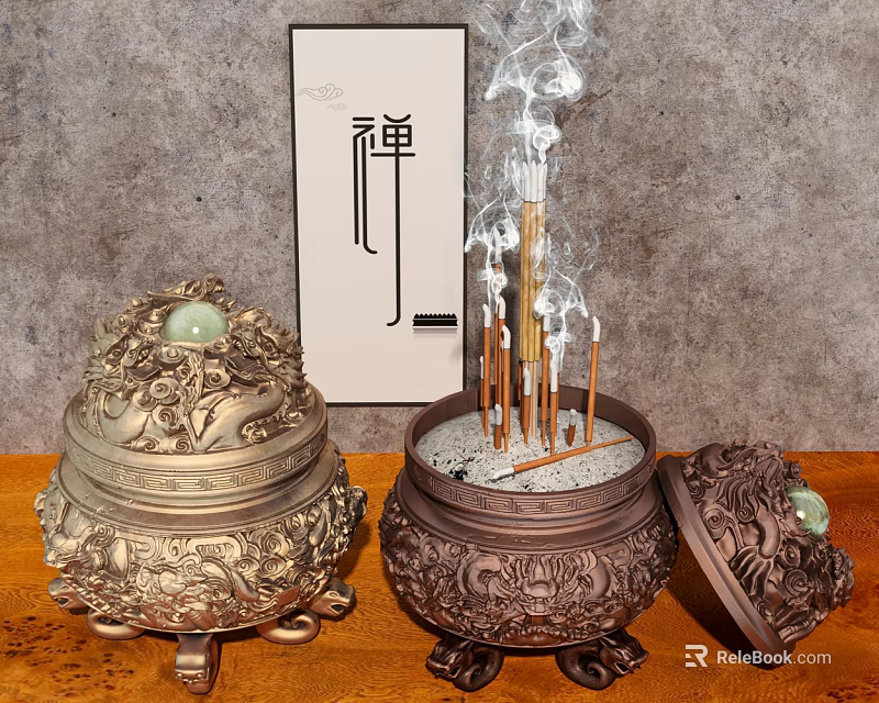 Traditional Decorative Ornament Set with Dragon Carved Incense Burners Sticks Smoke and Zen Scroll 3d model 
