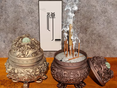 Traditional Decorative Ornament Set with Dragon Carved Incense Burners Sticks Smoke and Zen Scroll 3d model