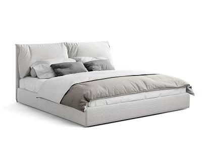 Modern Minimalist Double Bed with Light Gray Frame Soft Pillows and Neutral Linens 3d model