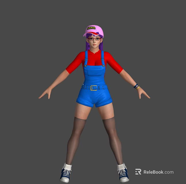 Woman wearing red top and blue overalls shorts with pink cap and purple hair 3d model 