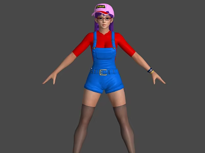 Woman wearing red top and blue overalls shorts with pink cap and purple hair 3d model