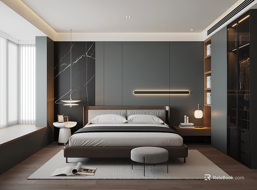 Modern Bedroom Interior With Dark Walls Marble Accents Bedside Lamp And Floor To Ceiling Windows 3d model 