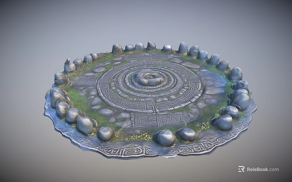 Ancient Circular Stone Labyrinth Structure With Decorative Carvings Grass Patches And Surrounding Stones 3d model 