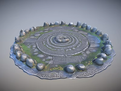 Ancient Circular Stone Labyrinth Structure With Decorative Carvings Grass Patches And Surrounding Stones 3d model
