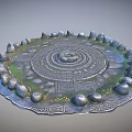 Ancient Circular Stone Labyrinth Structure With Decorative Carvings Grass Patches And Surrounding Stones