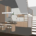 Contemporary Restaurant Interior Design Featuring Wooden Dining Table Chairs Staircase And Pendant Lights