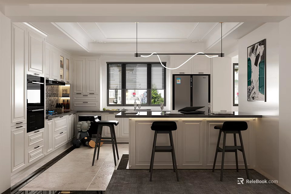 Modern Kitchen Interior With White Cabinets Island Counter Black Bar Stools And Hanging Lights 3d model 