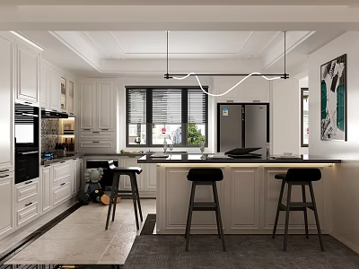 Modern Kitchen Interior With White Cabinets Island Counter Black Bar Stools And Hanging Lights 3d model