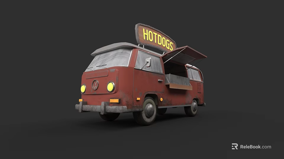 Red Food Truck for Selling Hotdogs with Open Side and Hotdogs Sign 3d model 