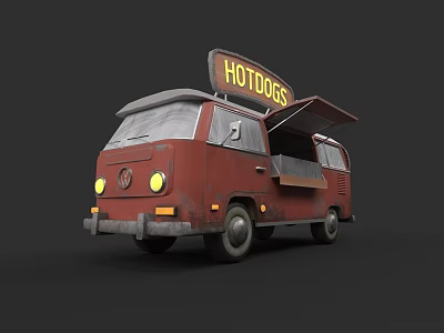 Red Food Truck for Selling Hotdogs with Open Side and Hotdogs Sign 3d model