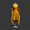 Stylish Yellow Dress With Blue Shoulder Details And Green Cuffs Displayed On Mannequin