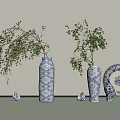 Decorative Blue and White Ceramic Vases with Green Plants Plate and Small Ornaments
