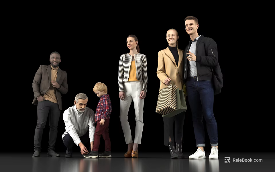 Diverse Group of People Including Adults and a Child Standing Together Against Black Background 3d model 