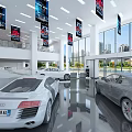 Modern Automobile Showroom Interior Featuring White Sedan Large Screen Hanging Billboards And City View