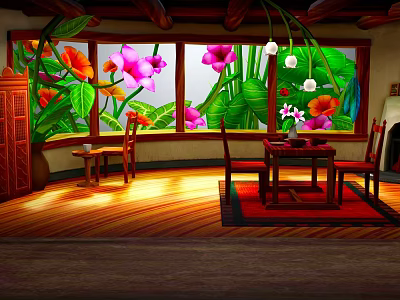 Charming Restaurant Interior With Wooden Floors Large Colorful Floral Windows Tables Chairs And Hanging Lights 3d model