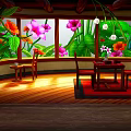 Charming Restaurant Interior With Wooden Floors Large Colorful Floral Windows Tables Chairs And Hanging Lights
