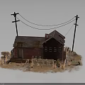 Dilapidated Red Cottage with Broken Roof and Wooden Fence Near Telephone Poles