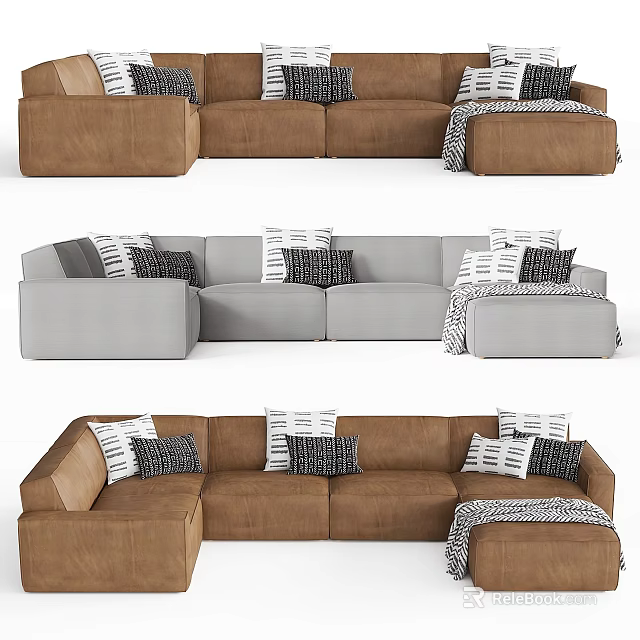 Modern Sectional Sofa With Decorative Pillows And Soft Blanket In Various Tones 3d model