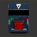 Blue And White Warning Device Featuring Red Button Display Screen Yellow Black Stripes And Signs
