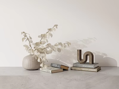 Minimalist Decorative Ornament Set With Eucalyptus Vase Stacked Books And Metal Letter For Home Decor 3d model