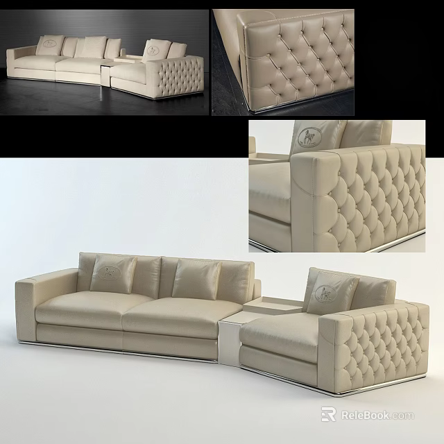 Beige Sectional Sofa With Tufted Pattern And Metal Frame For Living Space 3d model