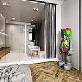 Modern Bathroom Interior With Freestanding Bathtub Large Mirror Gray Curtain And Wooden Stool