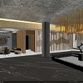 Luxurious Modern Hotel Lobby with Golden Chandelier Marble Reception Desk Elegant Columns and Artistic Sculpture