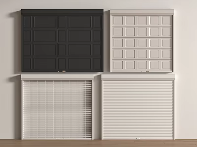 Various Types of Garage Doors With Black Panel and White Slatted Designs 3d model