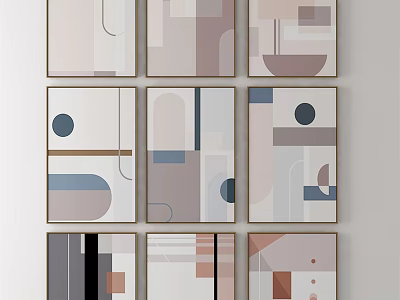 Abstract Geometric Wall Art Nine Framed Paintings With Soft Color Palette And Golden Frames 3d model