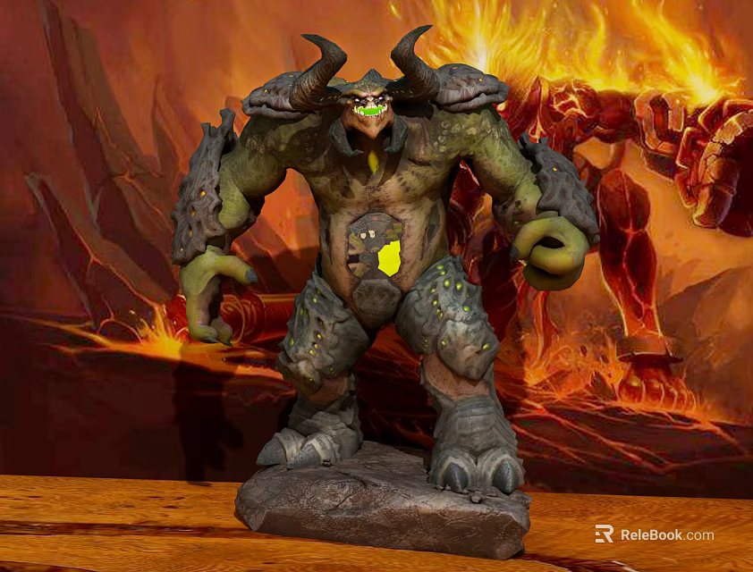 Armored Horned Green Skinned Game Movie Character Statue On Rock Base With Flaming Background 3d model 