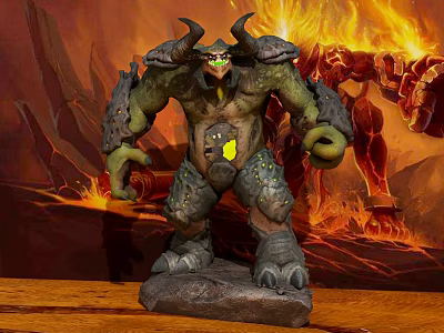 Armored Horned Green Skinned Game Movie Character Statue On Rock Base With Flaming Background 3d model