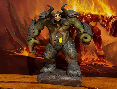 Armored Horned Green Skinned Game Movie Character Statue On Rock Base With Flaming Background 3d model