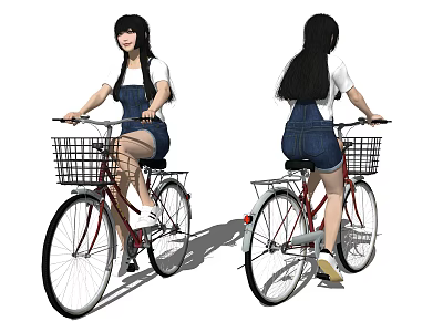 Woman Riding Red Bicycle With Front Basket Wearing White Shirt And Denim Overalls 3d model
